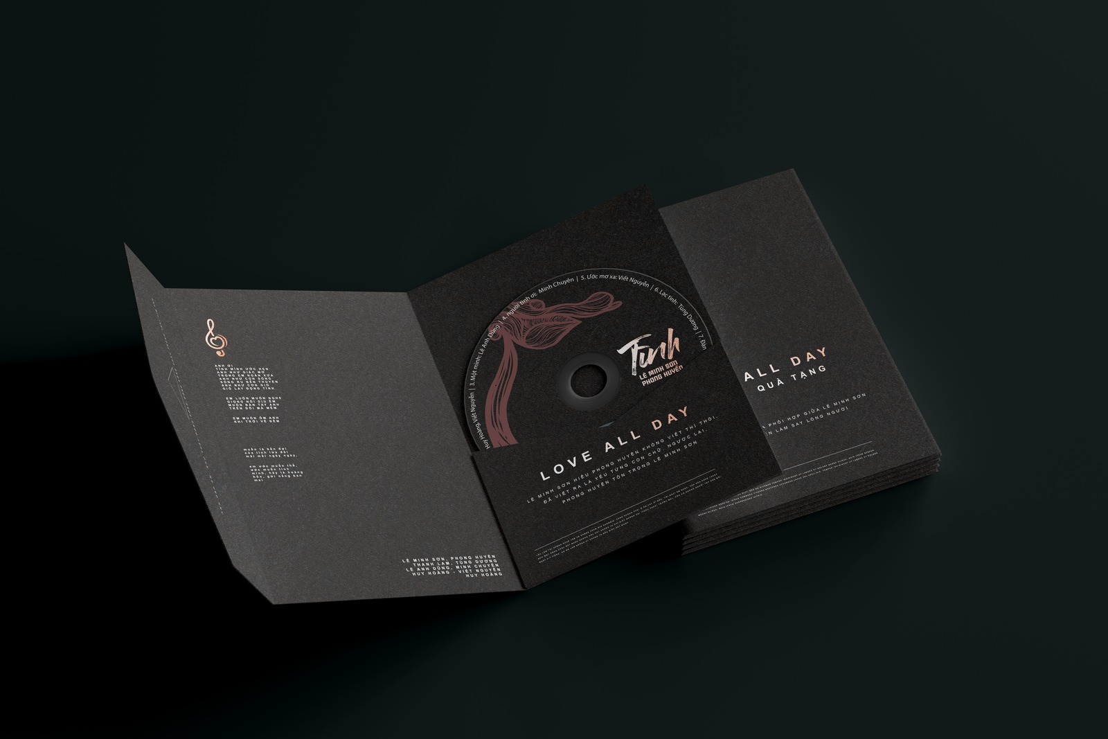 Gatefold sleeve of the album Tình half closed in low light, only the engraved motif and the disc inside still visible