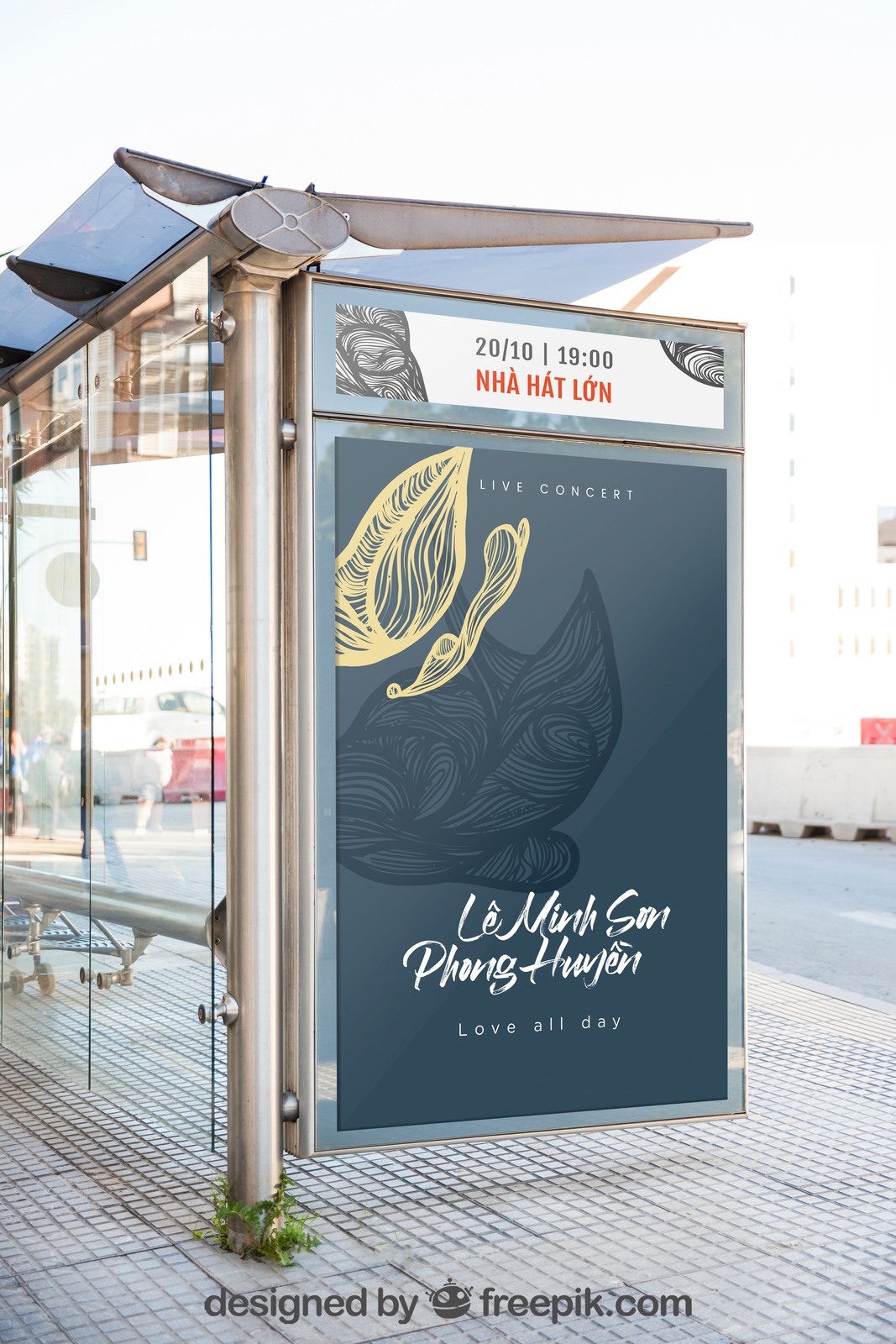 Bus shelter advertising panel for the concert, teal ground with a cream engraved motif, carrying date, time and the opera house name