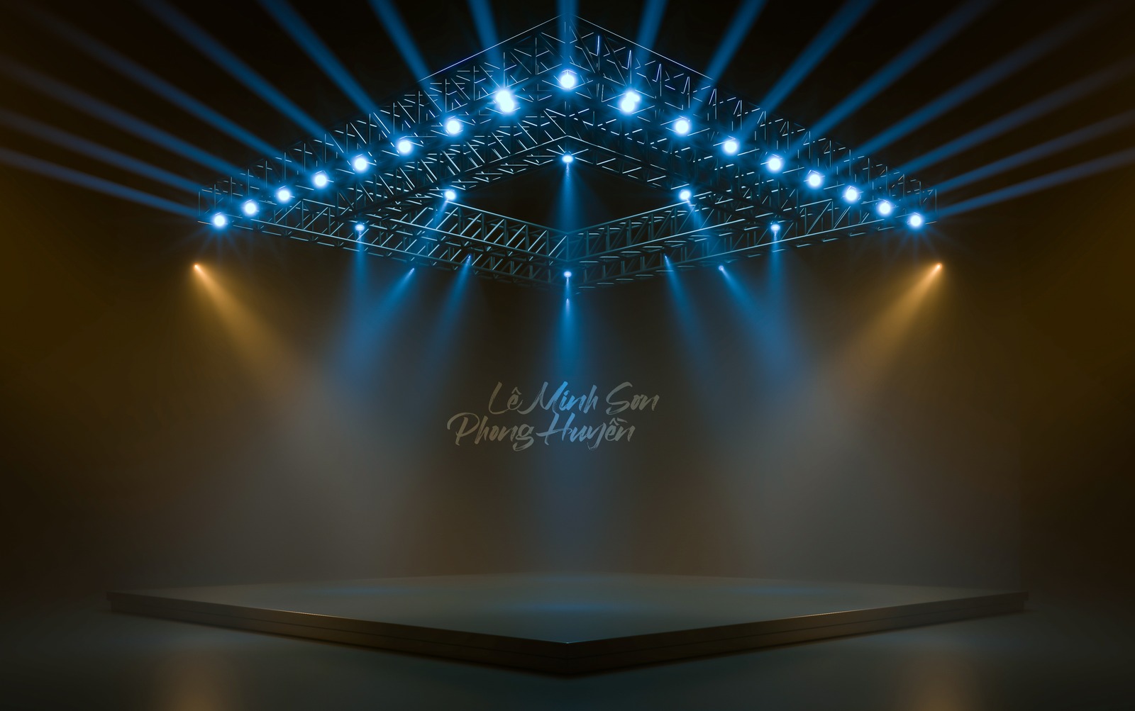 The stage seen from above, the lighting rig spilling down onto the performance platform carrying the two handwritten names