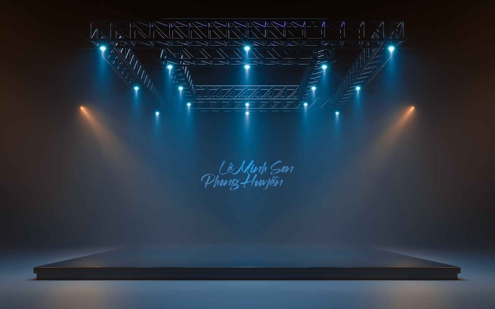 Concert stage under blue lighting, the two handwritten names projected on the backdrop