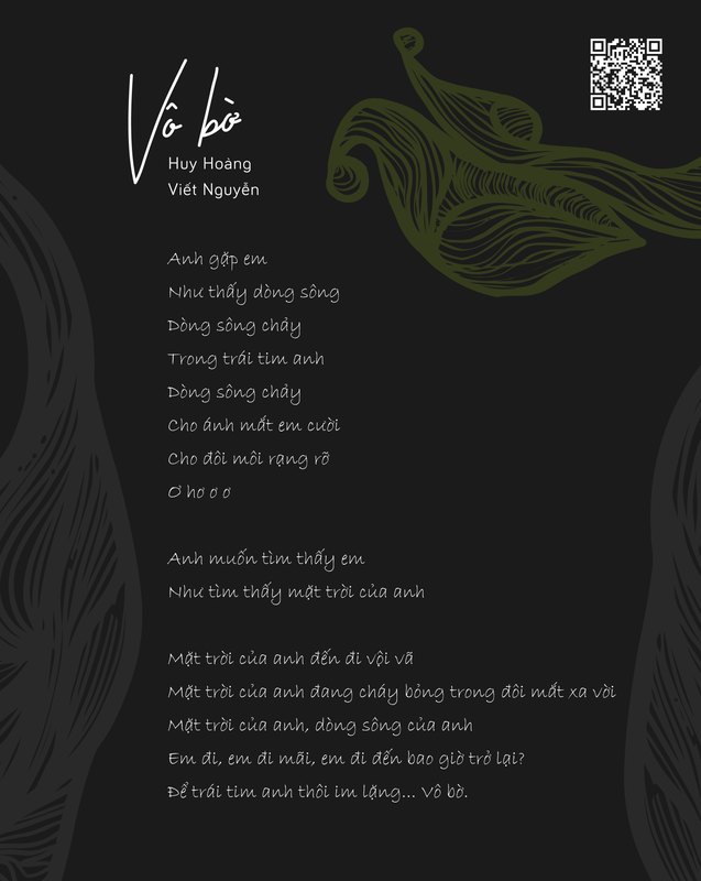 Vô bờ · Huy Hoàng and Viết Nguyễn Lyric sheet for Vô bờ on charcoal with an olive engraved motif sunk into the ground