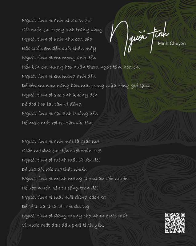 Người tình · Minh Chuyên Lyric sheet for Người tình on charcoal, lyrics set on the left and the handwritten title on the right