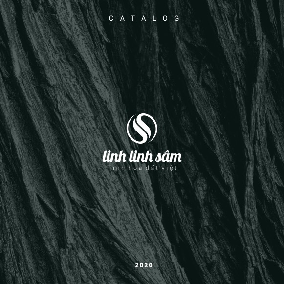 The 2020 LinhLinhSam catalogue cover, black stone grain, the round seal and brand signature in white at centre