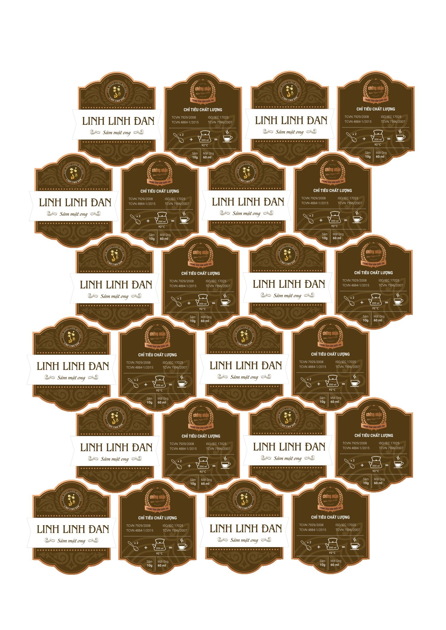 Linh Linh Đan · Ginseng in honey, brown gold The Linh Linh Đan print sheet in brown gold, hexagonal primary labels alternating with specification labels