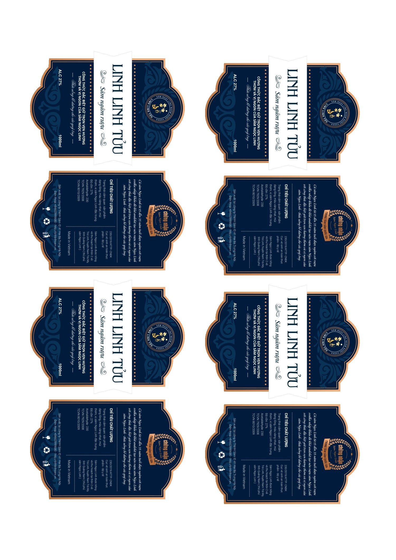 The Linh Linh Tửu print sheet in navy with antique gold rules, body labels paired with specification labels