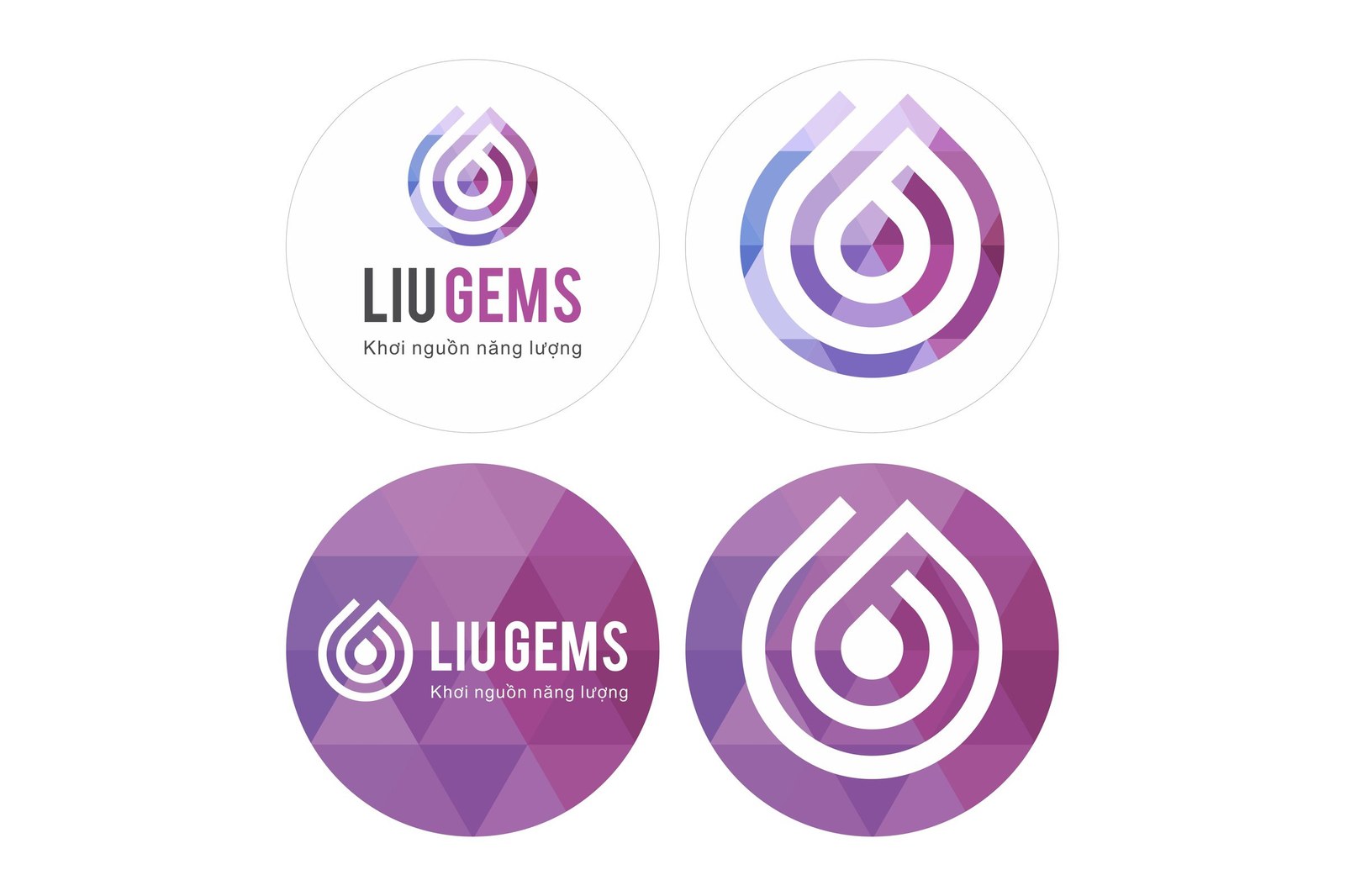 Four LiuGems round sticker designs, two on white and two on a violet gradient