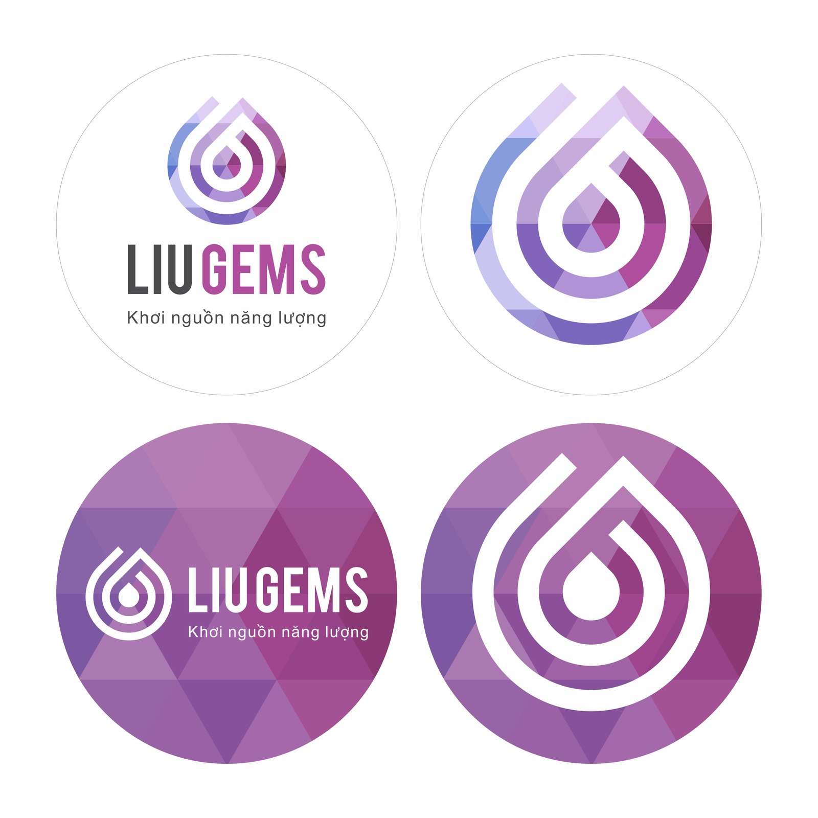 Bộ tem tròn Bốn mẫu tem tròn LiuGems, hai bản nền trắng và hai bản nền chuyển sắc tím