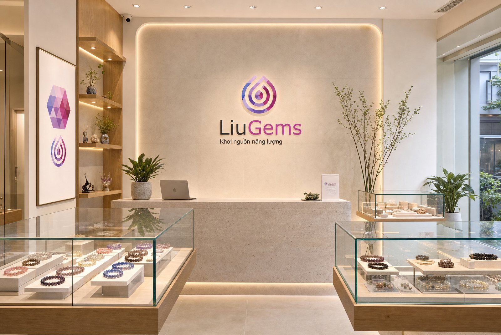 The LiuGems store interior with a backlit brand wall behind the counter, glass cases of stone bracelets and the eight-colour hexagon artwork on the wall