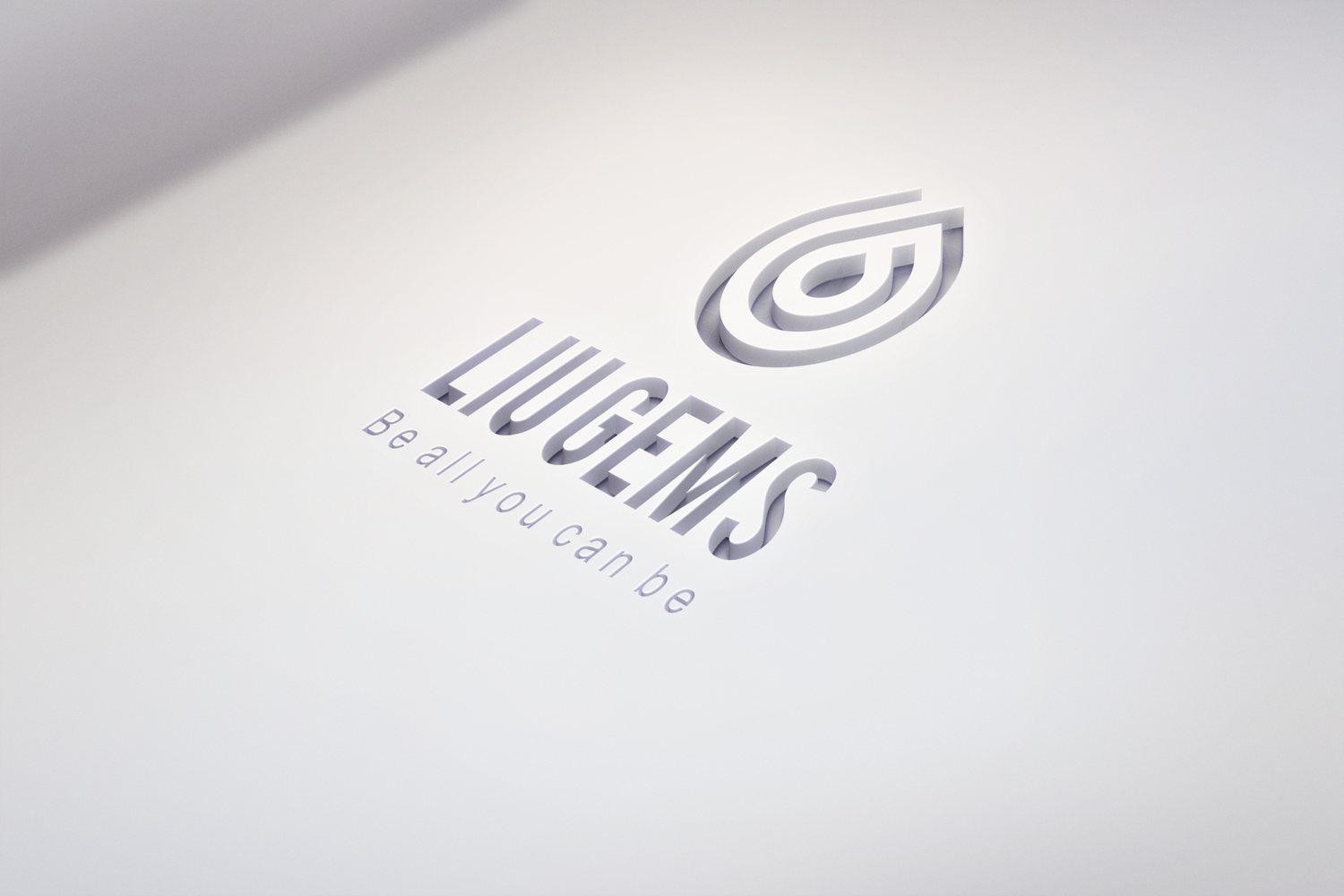 The LiuGems mark and wordmark blind-embossed into white paper with no ink, visible only through shadow in the groove