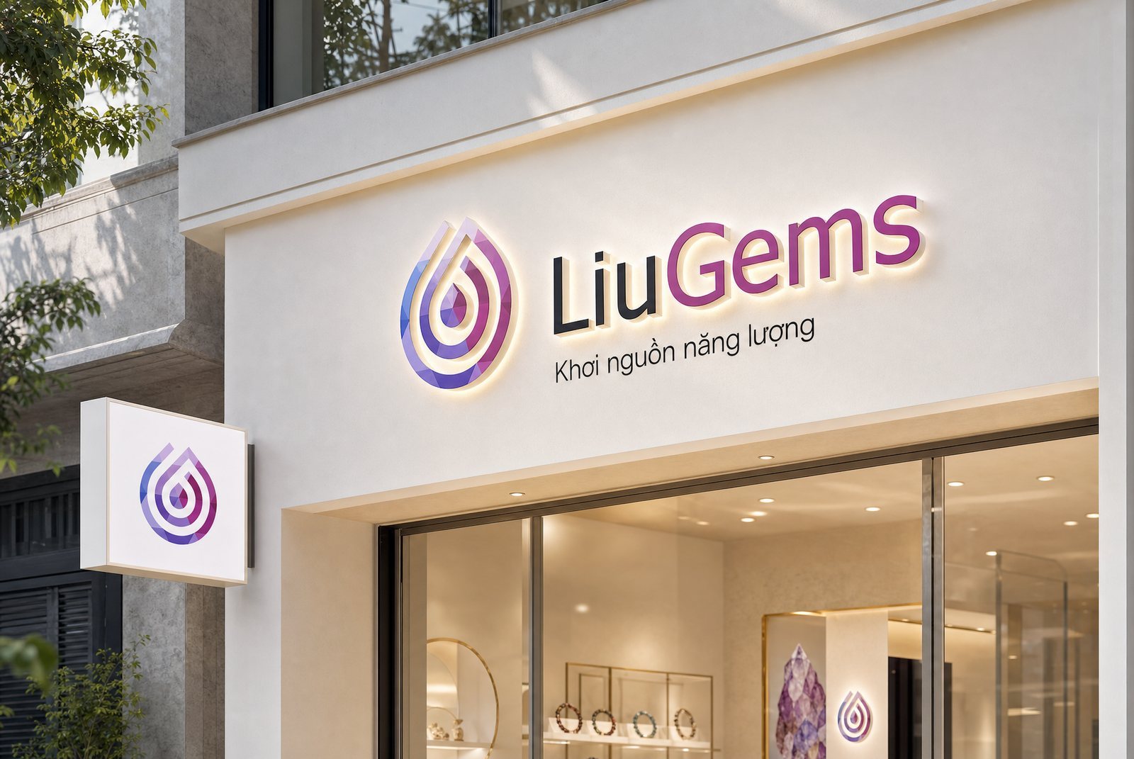 A halo-lit dimensional LiuGems shopfront sign with a projecting square light box over the pavement