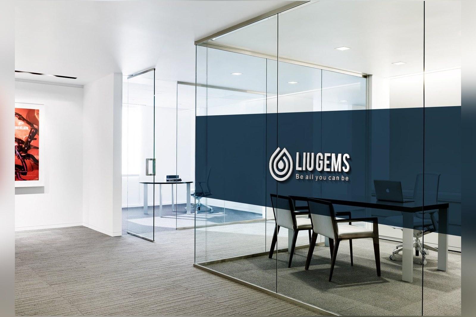 A LiuGems brand panel mounted on a glass meeting-room wall
