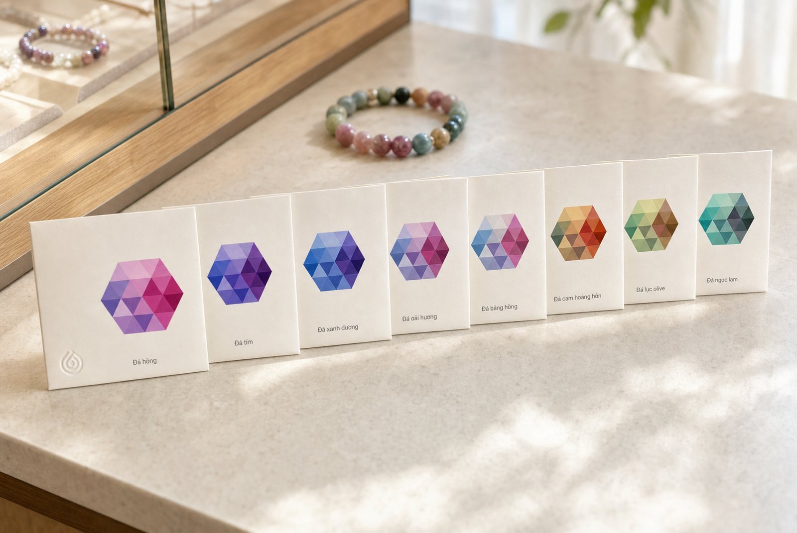 A row of eight LiuGems cards on a stone counter, each carrying one colourway of the hexagon with its stone family named beneath