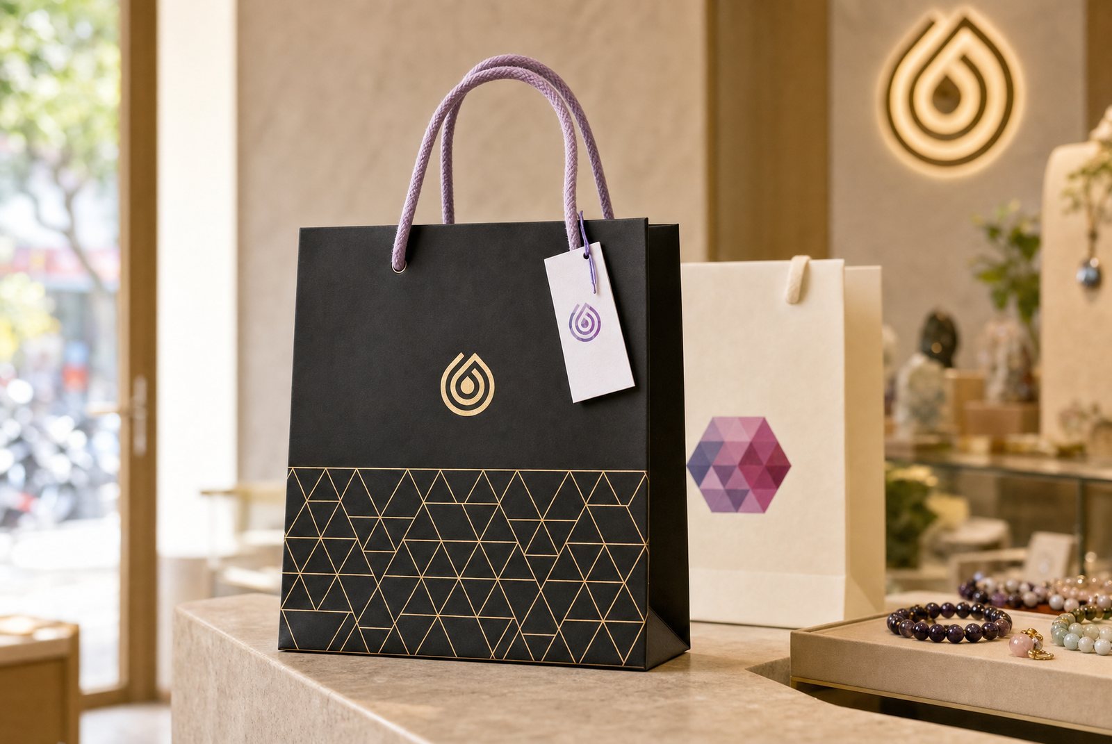 A LiuGems black gift bag in gold foil-stamped paper with lilac rope handles and a hang tag, a cream bag carrying the hexagon behind it