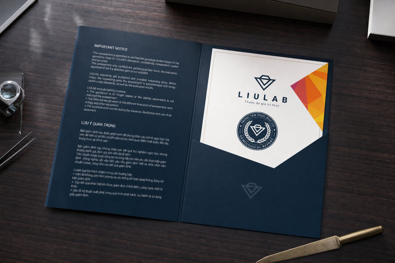 Bìa hồ sơ giám định LIULAB mở đôi, mặt trong in phần lưu ý