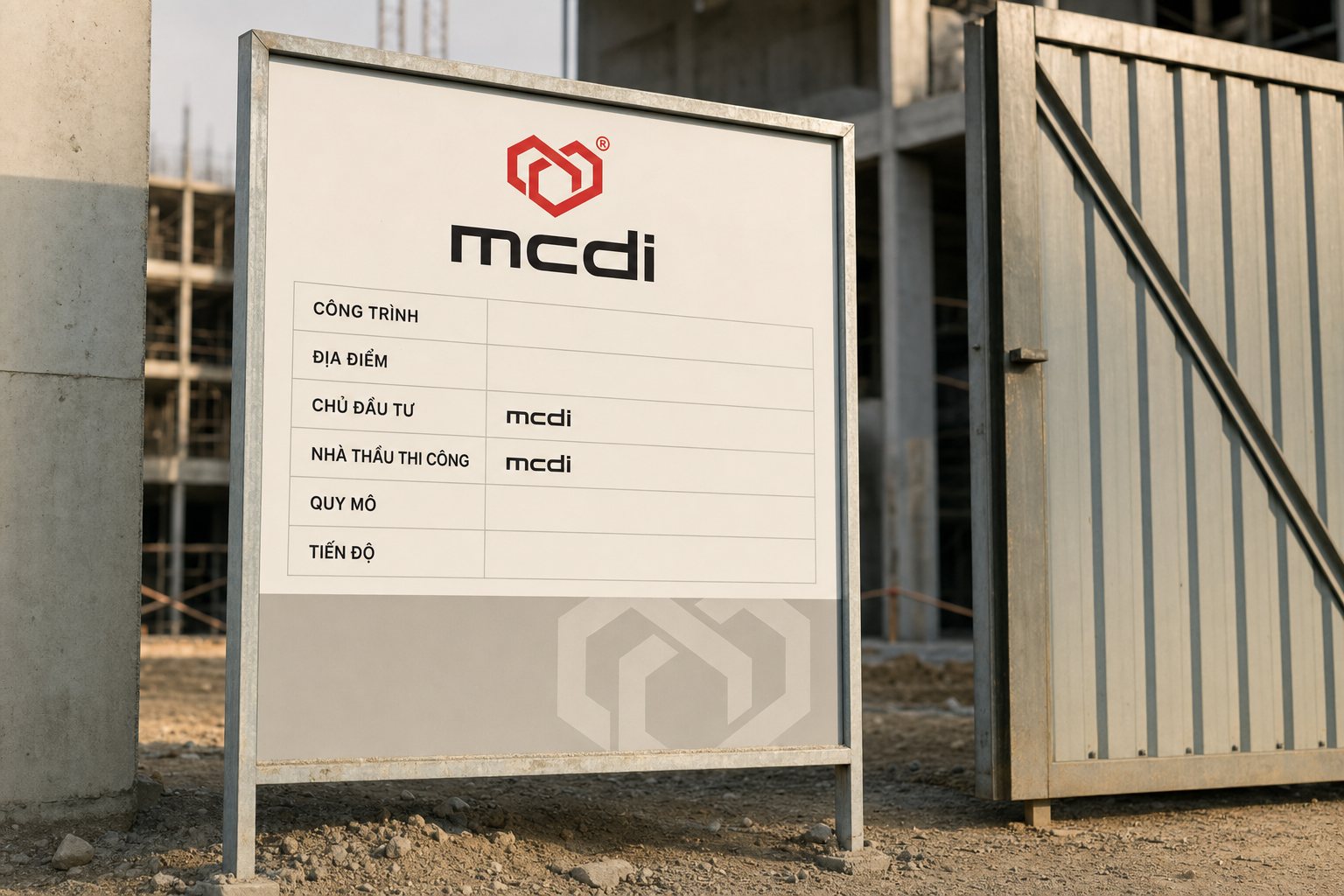 The mcdi project information board template at a site entrance