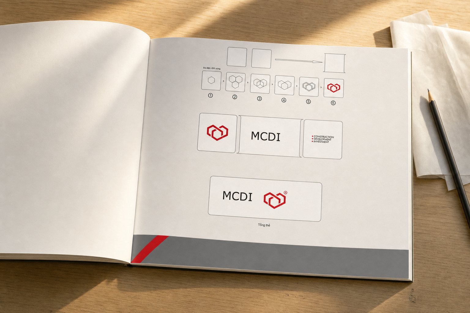 Construction diagram of the mcdi logo across six steps from hexagon to handshake