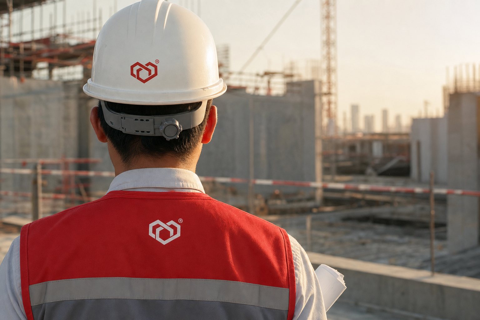 An mcdi site engineer in marked helmet and hi-vis vest