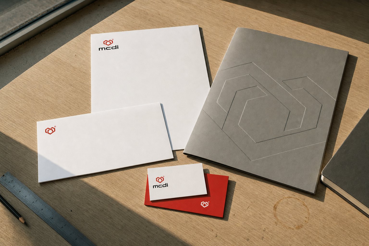 mcdi office stationery: letterhead, envelope, business card and document folder