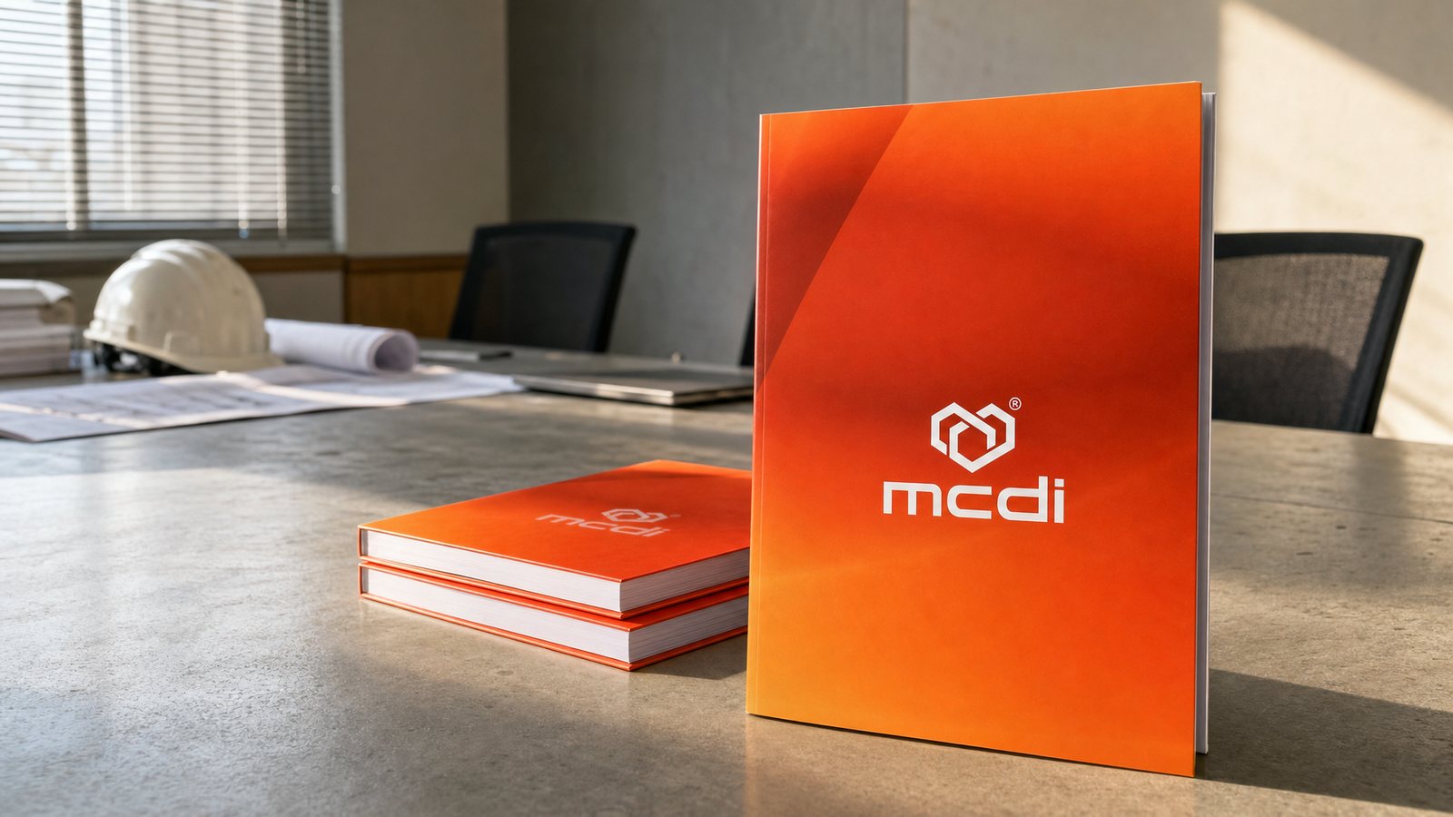 The mcdi capability dossier with its orange cover standing on a bid meeting table, two more copies stacked beside it
