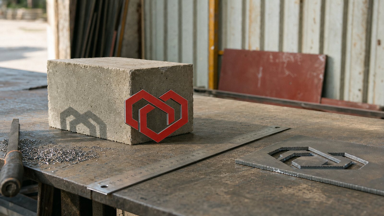 The mcdi mark cut from red painted steel, standing against a concrete block in the workshop beside the offcut sheet