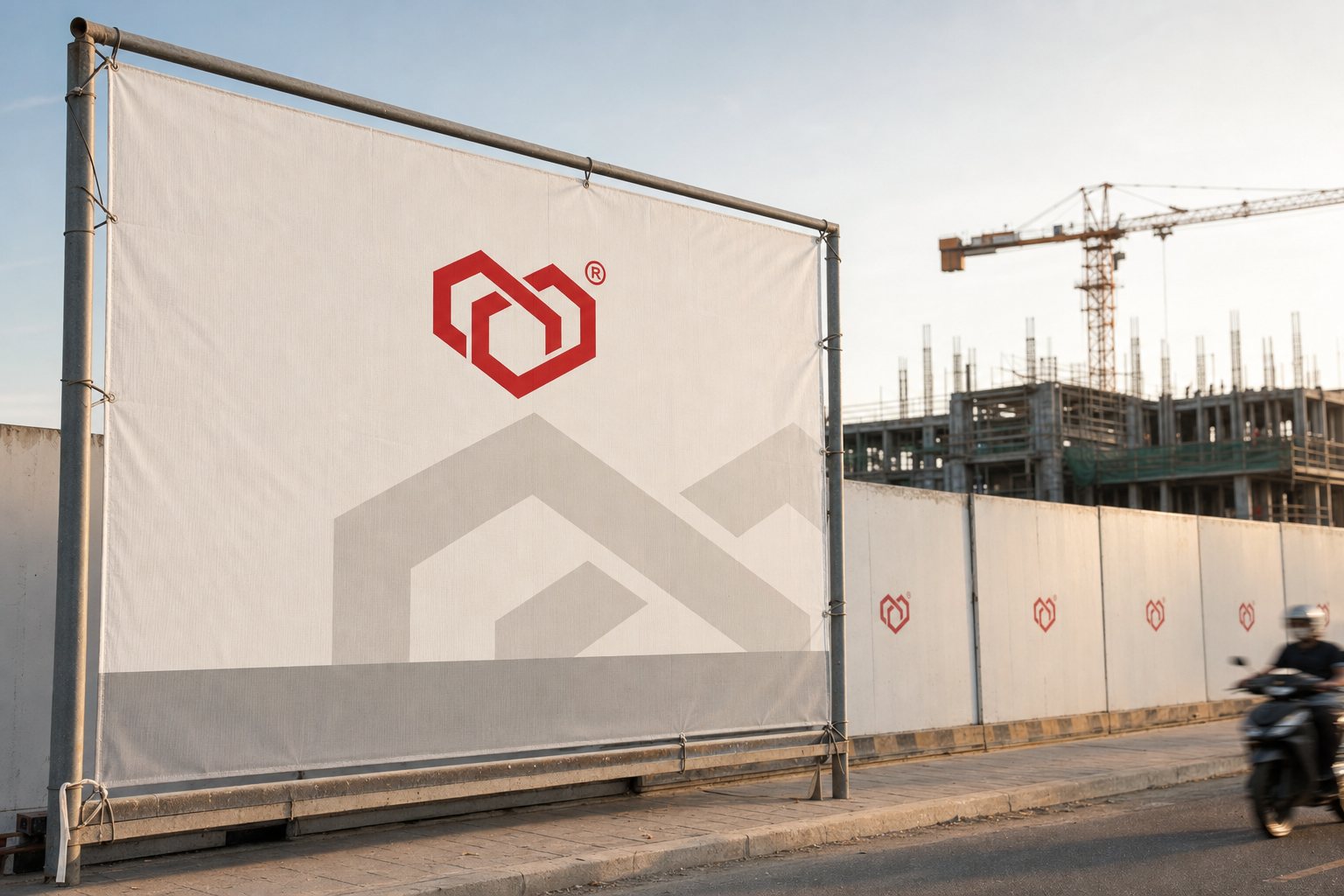mcdi site hoarding running along a city pavement, the mark repeating panel by panel