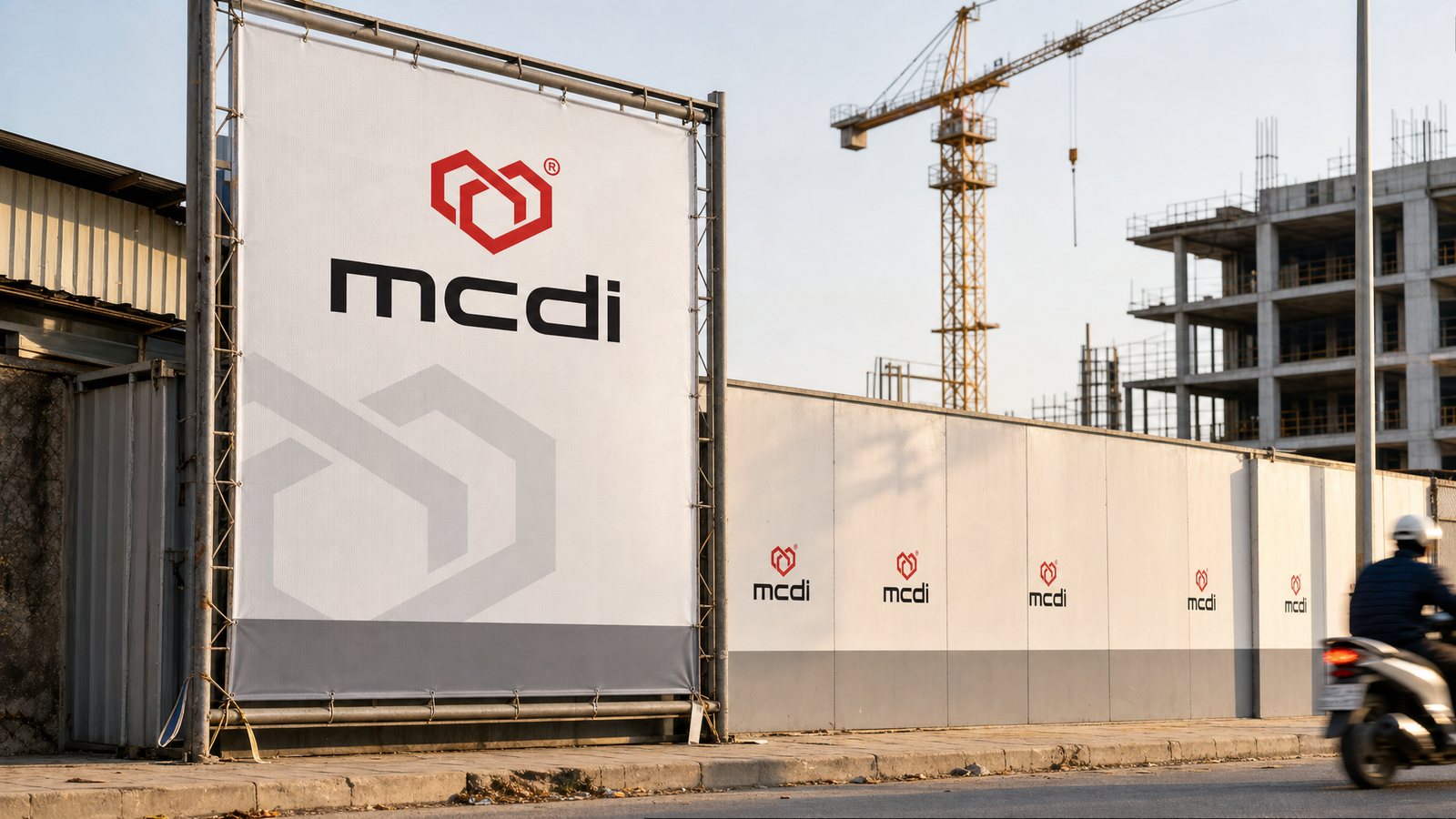 mcdi site hoarding running along a city pavement, the mark repeating panel by panel