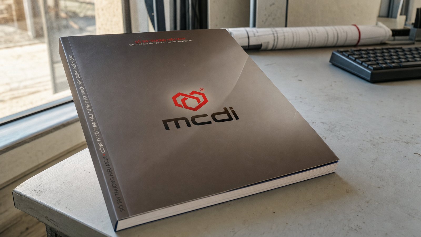 Brand manual The mcdi brand manual with its brown cover on a site office desk