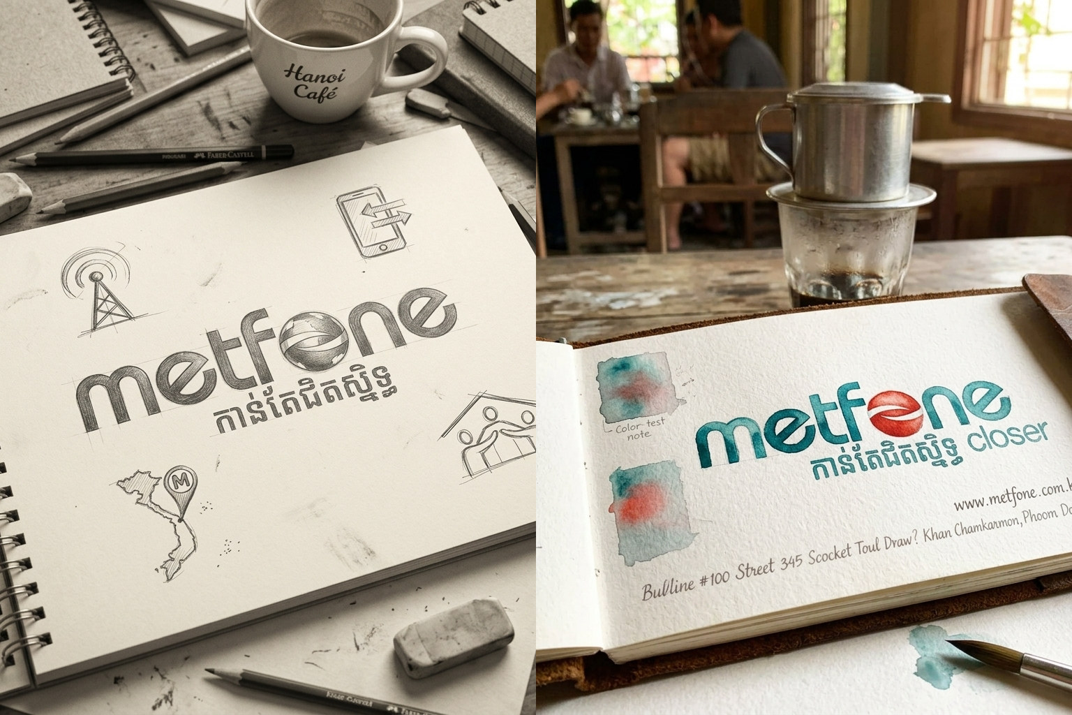 Sổ phác thảo bút chì và sổ nghiên cứu màu nước cho dấu hiệu Metfone