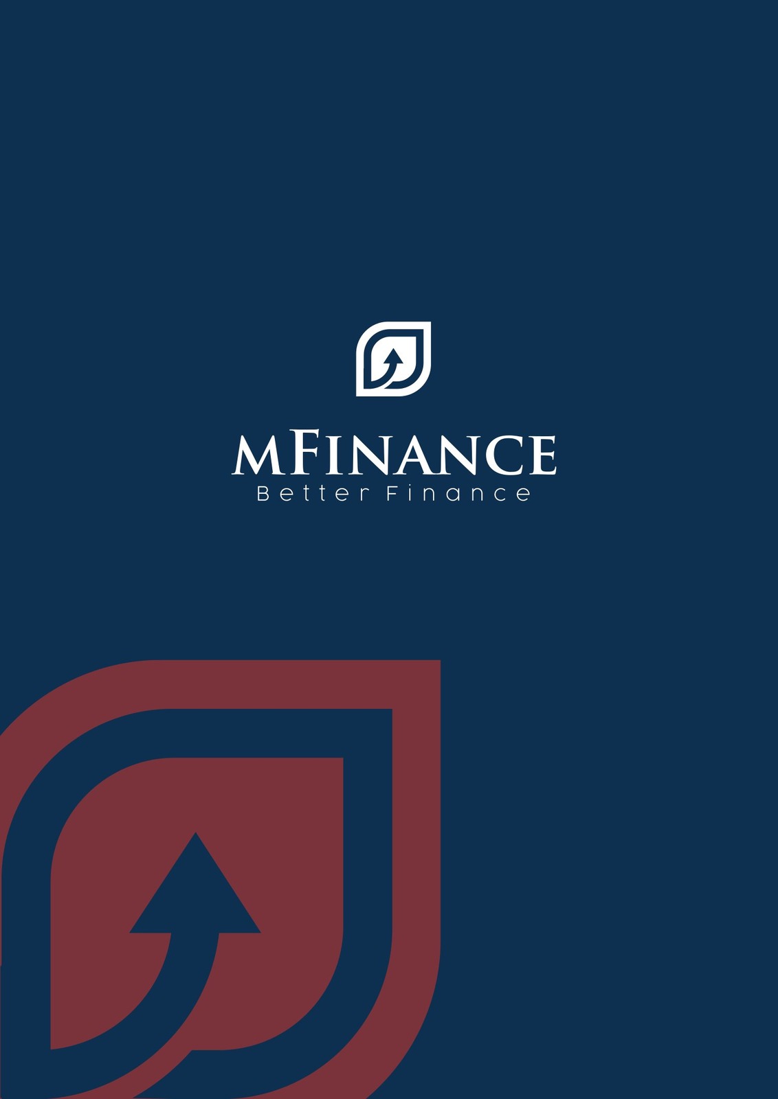 Ấn phẩm dọc MFinance nền navy với biểu tượng phóng lớn