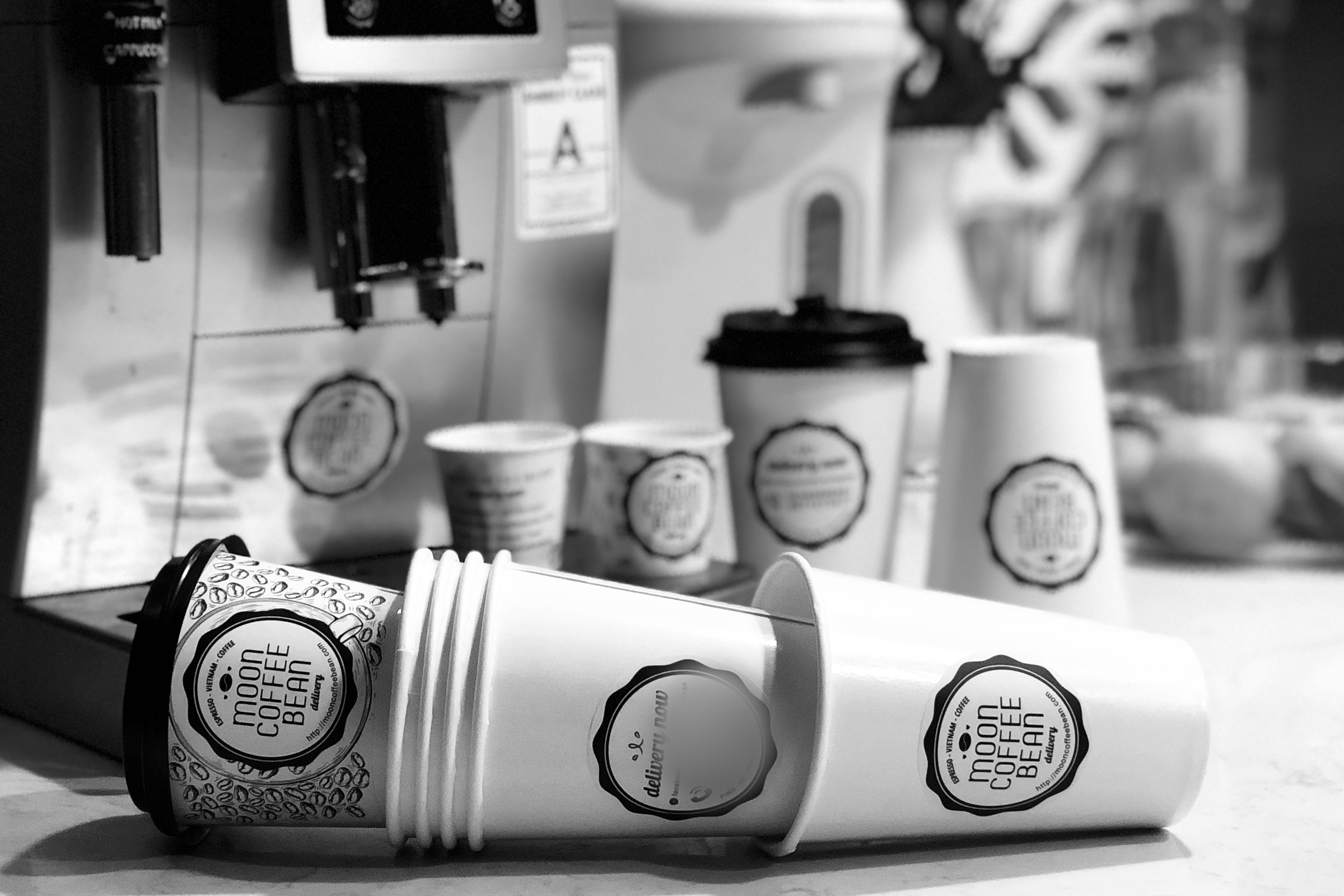 Three cup sizes from Moon Coffee Bean, each closed with the same wavy-edged seal