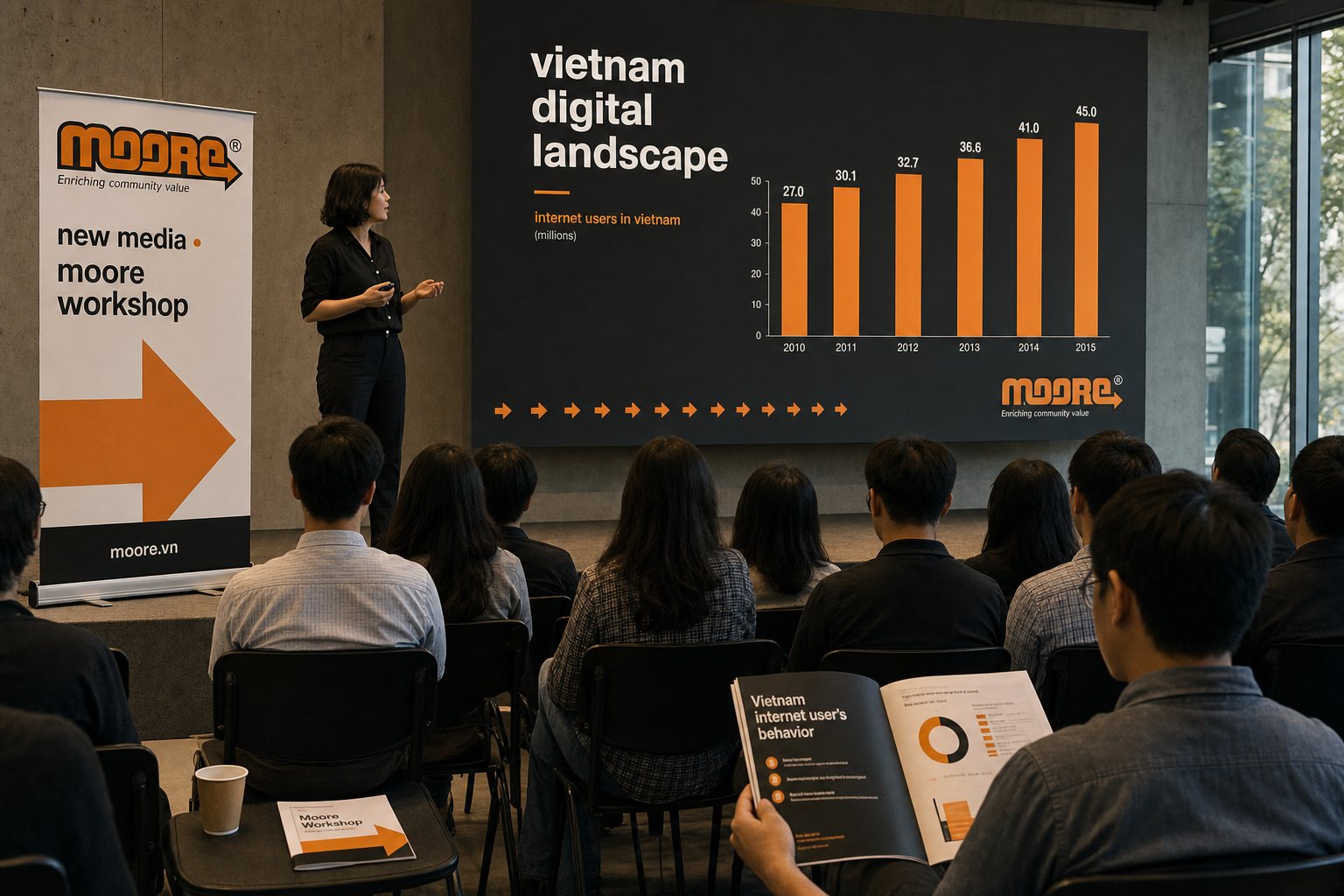 A Moore speaker presenting the Vietnam Digital Landscape report to a hall, banner and slide built from one system
