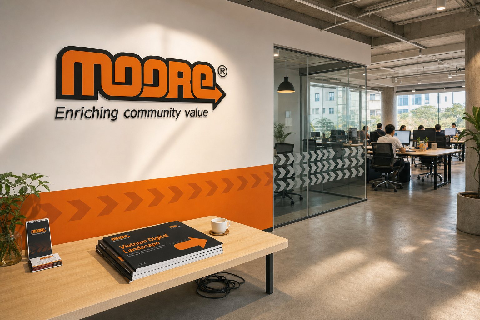 Moore lettering standing off the reception wall above an orange band of repeating arrow pattern