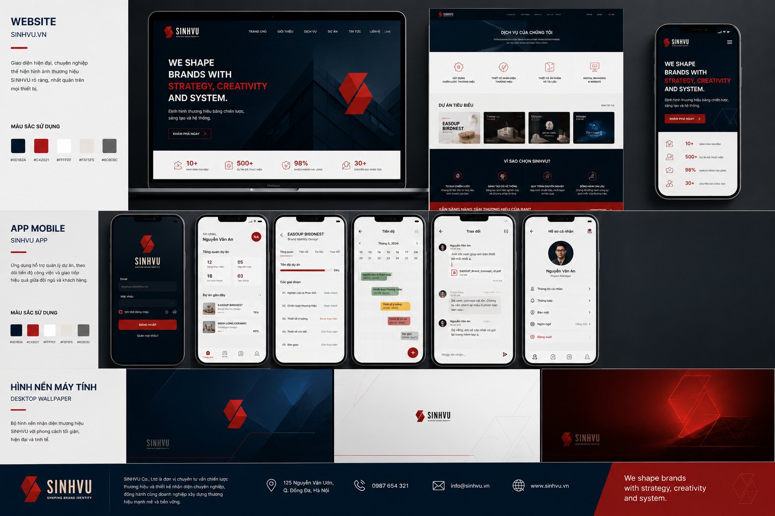 Sinh Vũ identity on the website and mobile app, built from a shared digital design system