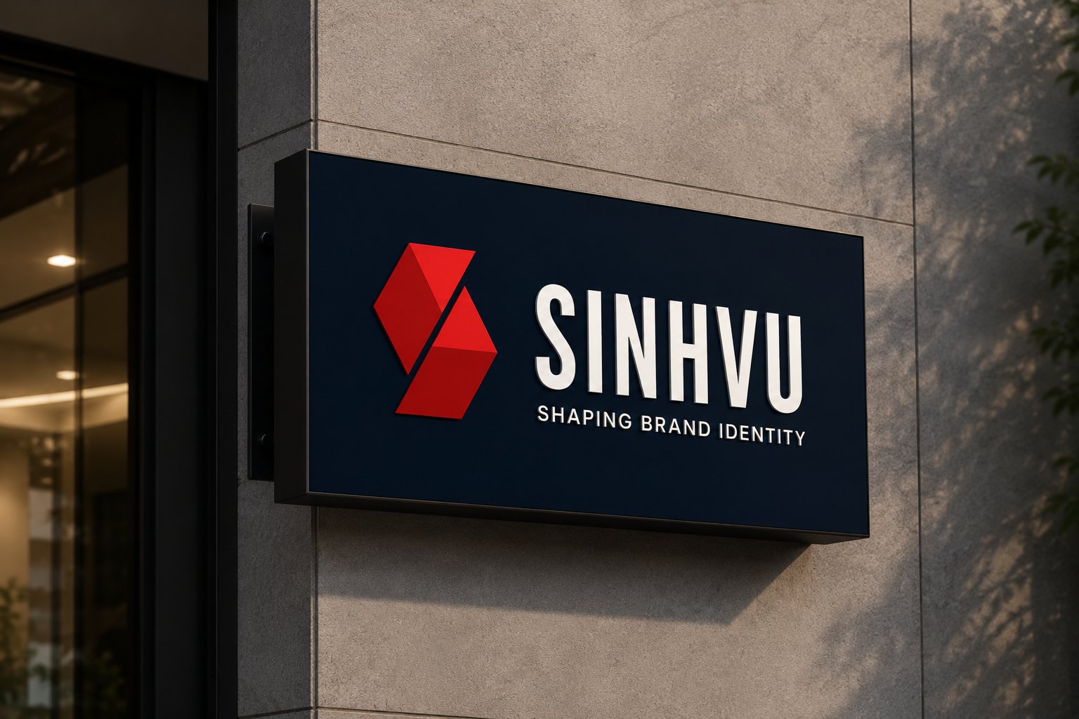 Company signage Sinh Vũ signage with the symbol and the line Shaping Brand Identity