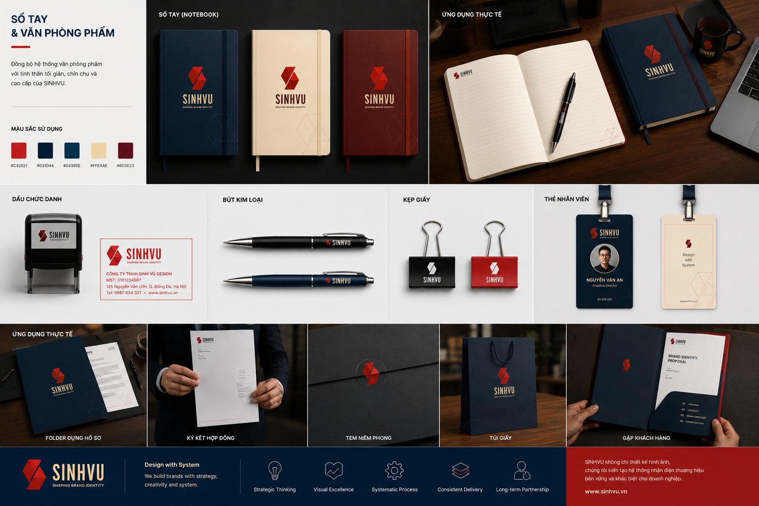 Sinh Vũ office stationery set: notebook, seal, staff badge, pen and folder cover