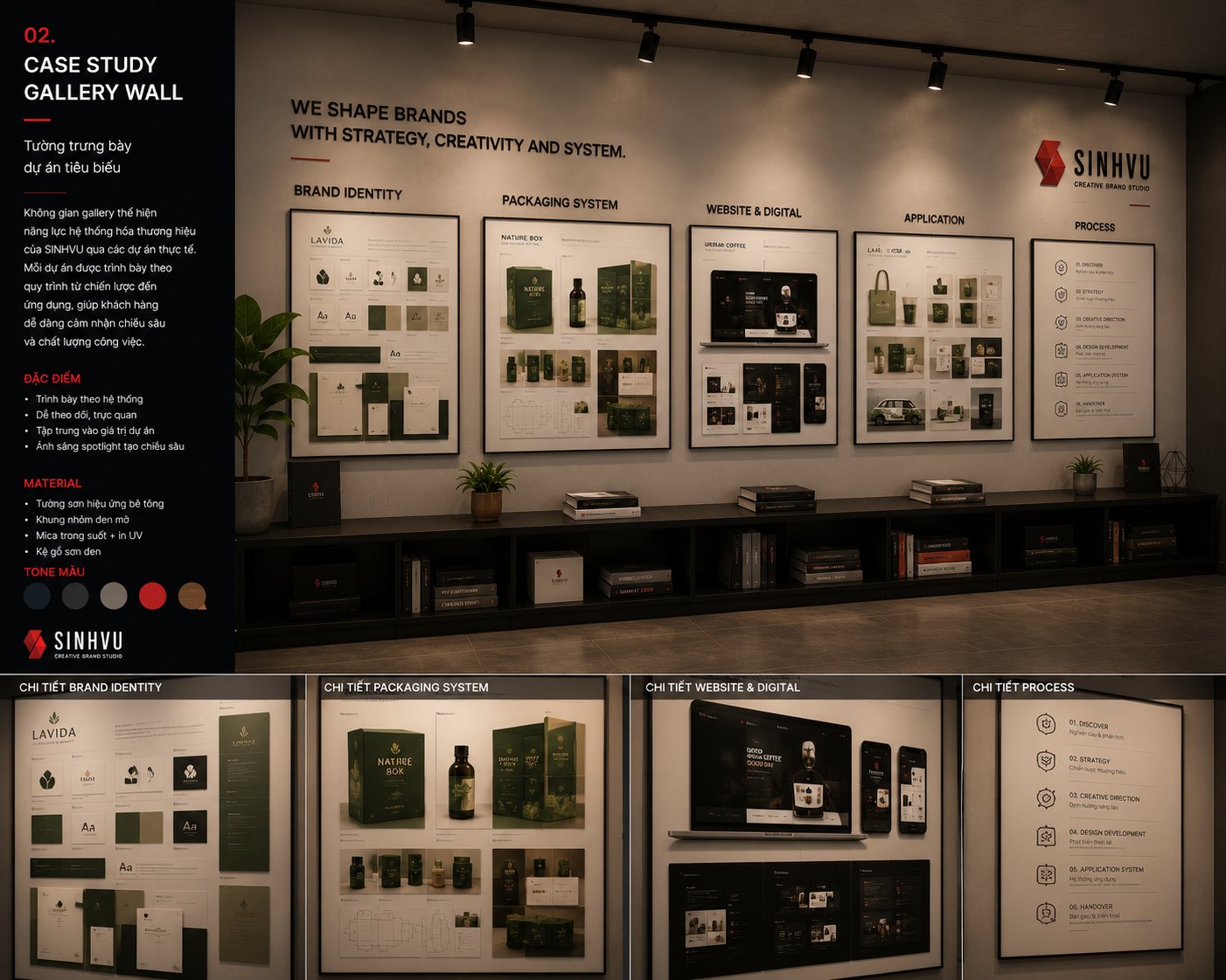 Project display wall at Sinh Vũ studio