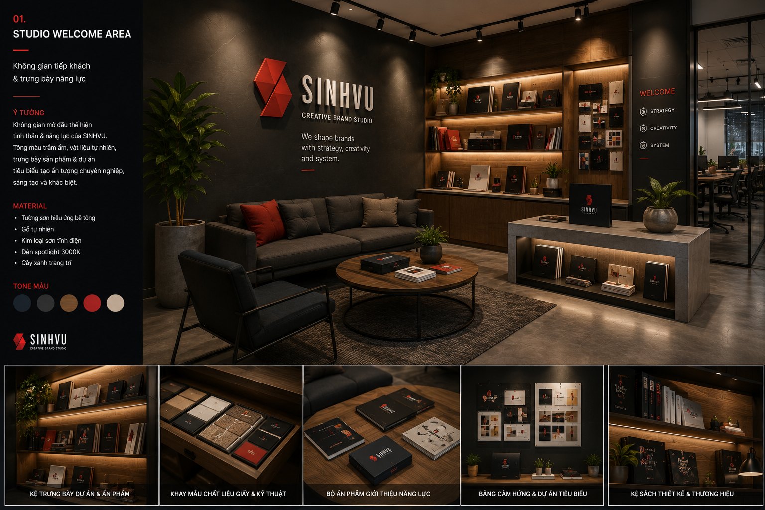 Sinh Vũ studio space: the reception area with the symbol on the wall and a display cabinet
