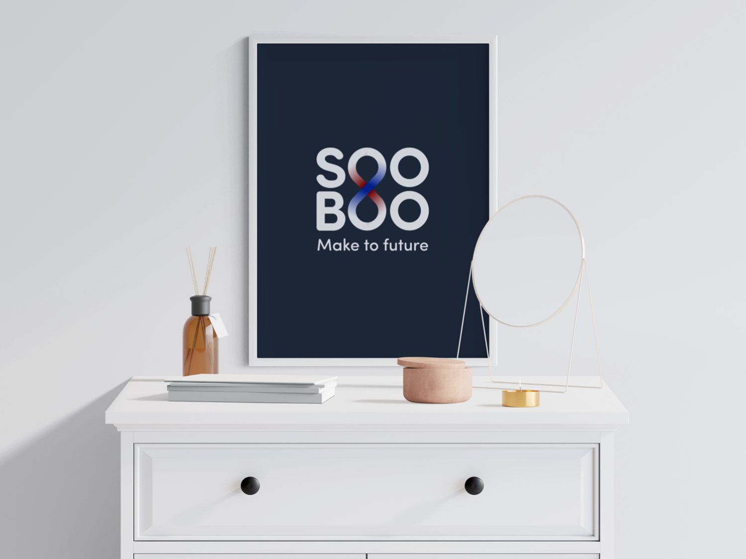 Ấn phẩm SOOBOO đóng khung đặt trong không gian nội thất