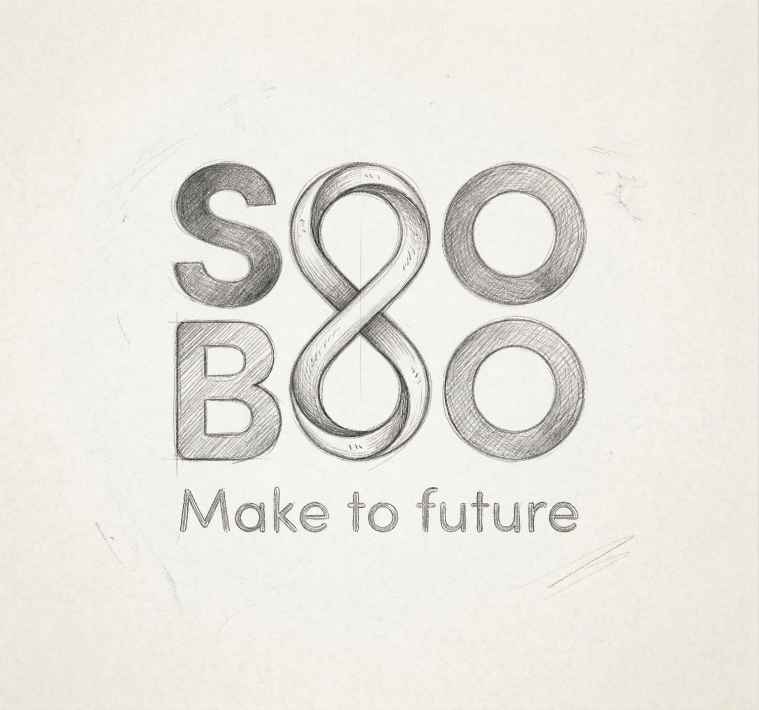 Bản phác ý tưởng logo SOOBOO: chữ ghép trên lưới, đường vô cực và các hướng khai triển