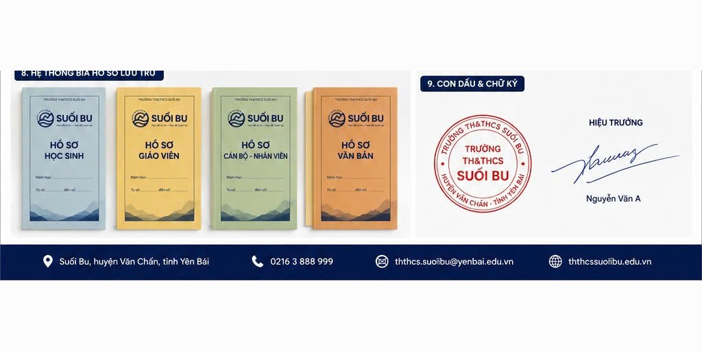 Bìa lưu trữ và con dấu Hệ bìa hồ sơ lưu trữ chia màu và con dấu Trường Suối Bu