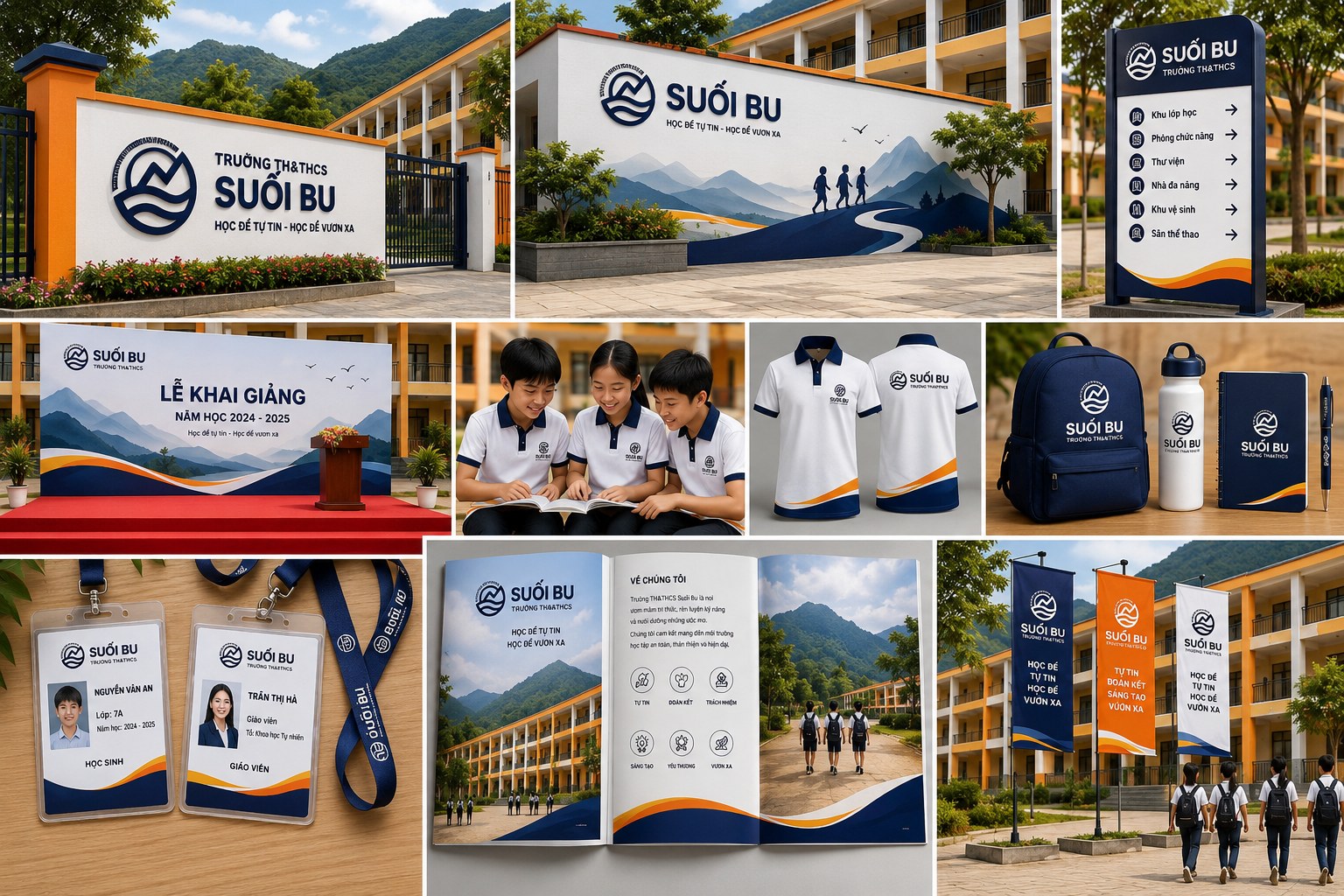 Bản sắc Suối Bu trên cổng trường, phù điêu núi, cột biển chỉ dẫn và biển phòng trong khuôn viên