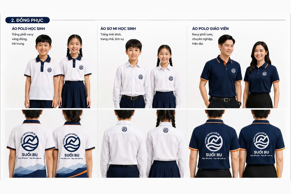 Đồng phục áo polo và sơ mi Trường Suối Bu cho học sinh và giáo viên, mặt trước và mặt sau