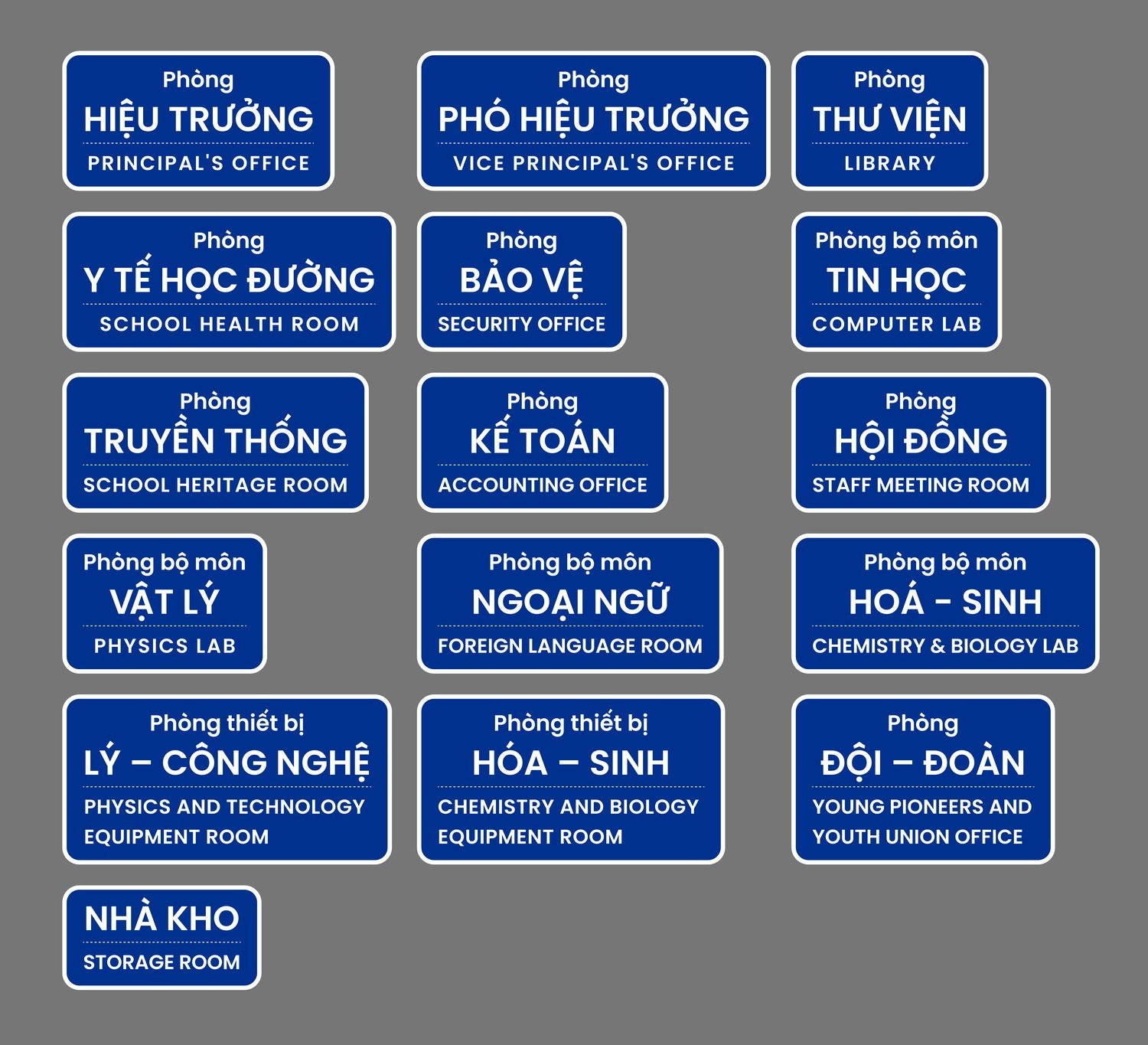 Trọn hệ biển chỉ dẫn phòng ban Trường Suối Bu song ngữ Việt và Anh