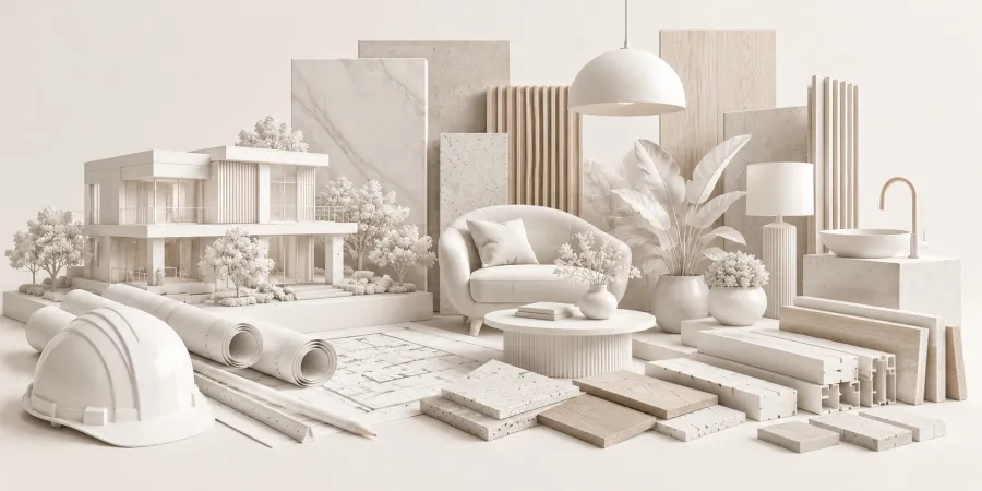 Bộ vật mẫu ngành kiến trúc và nội ngoại thất: mô hình nhà, mẫu vật liệu, ghế sofa, đèn, bản vẽ và mũ bảo hộ trên nền kem